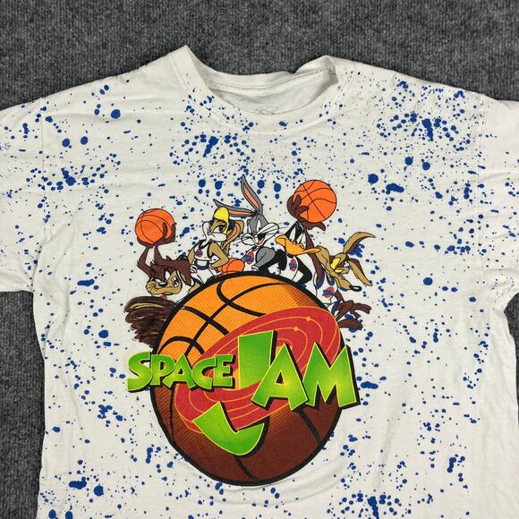Space Jam T-Shirt Mens L White Blue Splatter Graphic Looney Tunes Basketball - Picture 2 of 7